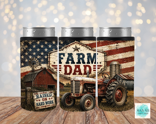 Three can coolers with farm-themed design featuring a tractor, barn, and American flag on a wooden surface.