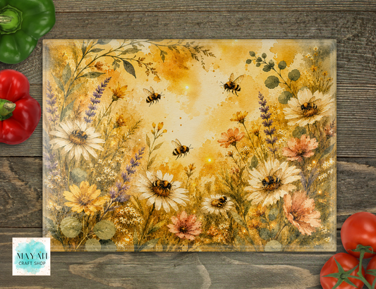 Cutting board with bees on a wooden surface, surrounded by vegetables.