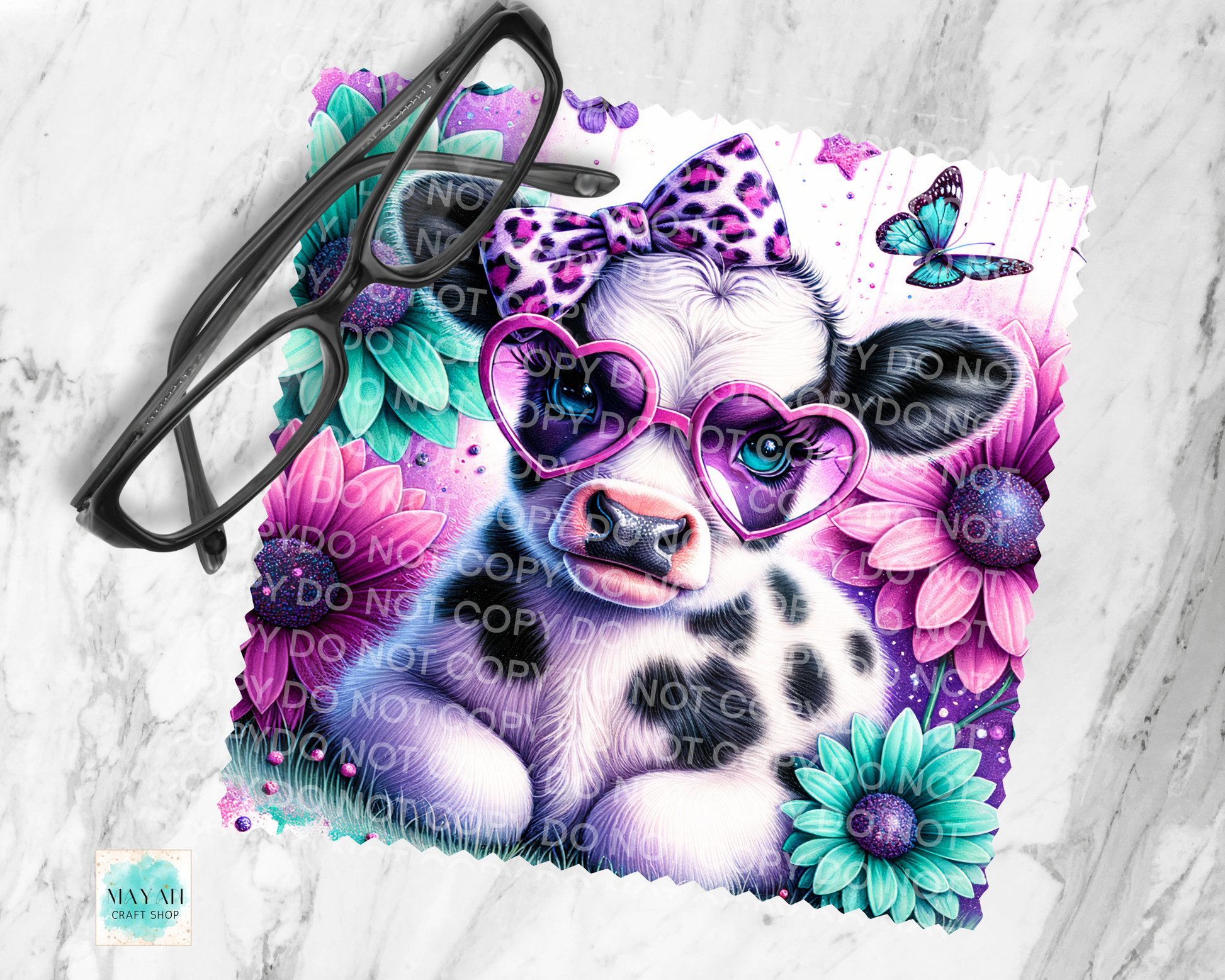 Cow with sunglasses and floral decorations on a white background