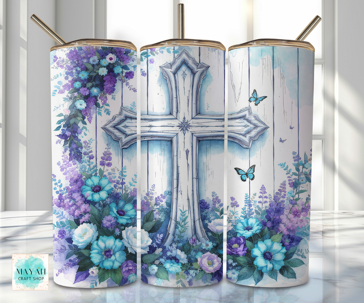 Three tumbler designs featuring floral and cross patterns on a white background.