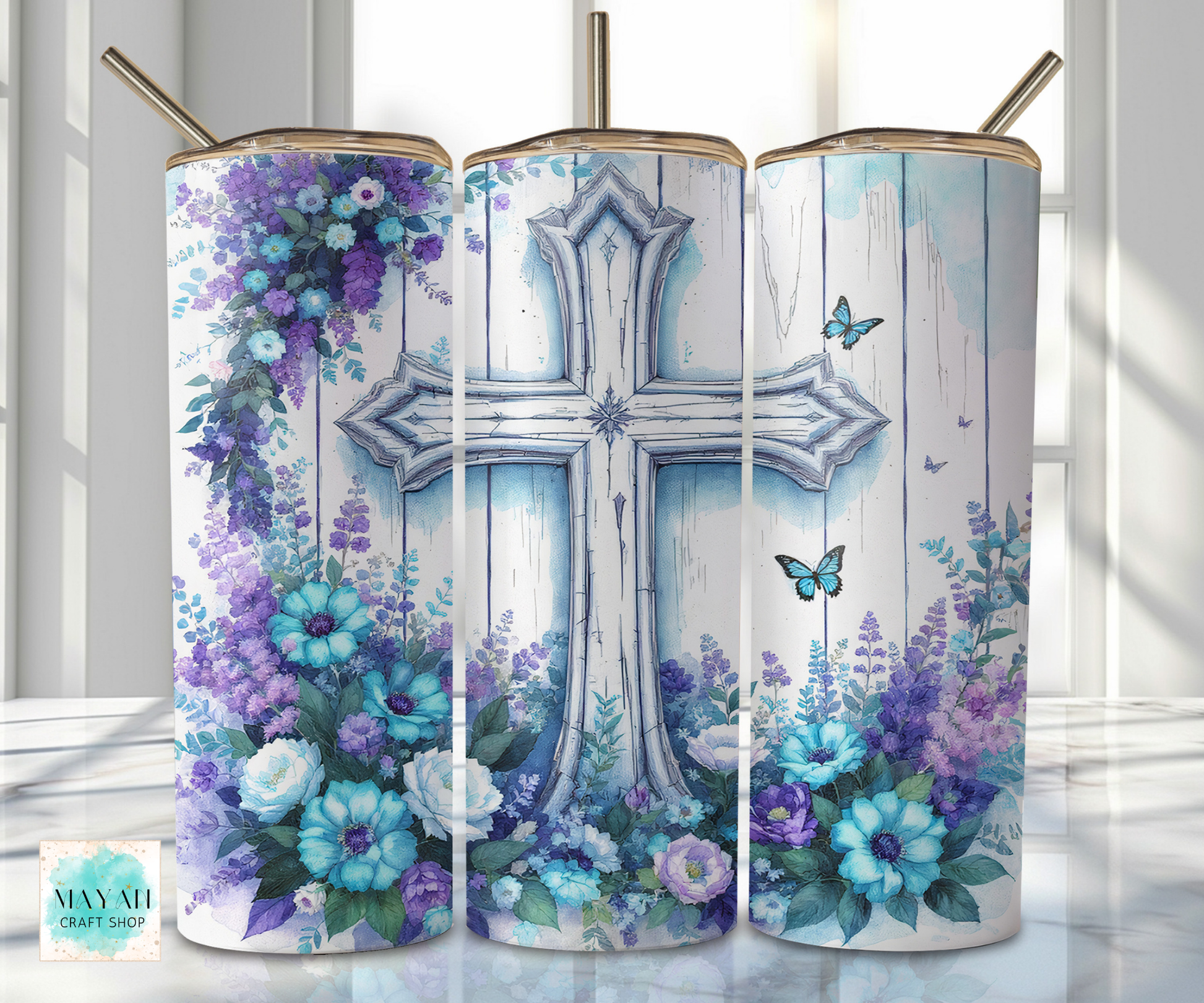 Three tumbler designs featuring floral and cross patterns on a white background.