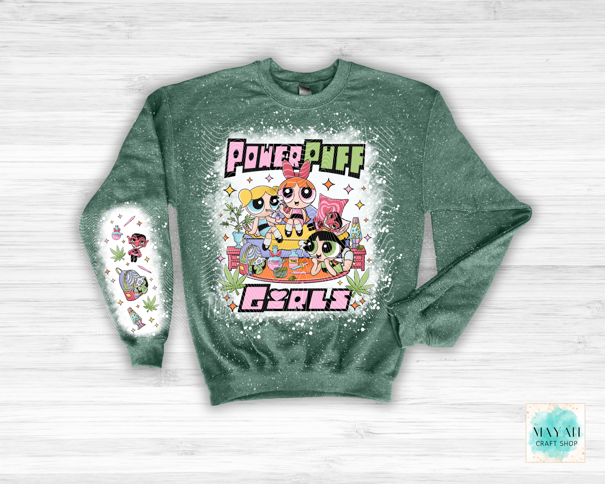 Green sweatshirt with vibrant graphic on a white background