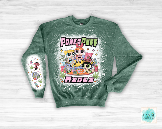 Green sweatshirt with vibrant graphic on a white background
