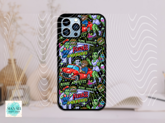 Phone case with colorful design featuring characters and text on a light background