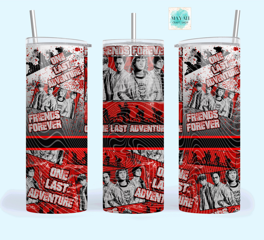Three tumblers with a design featuring people and text on a red and black background.
