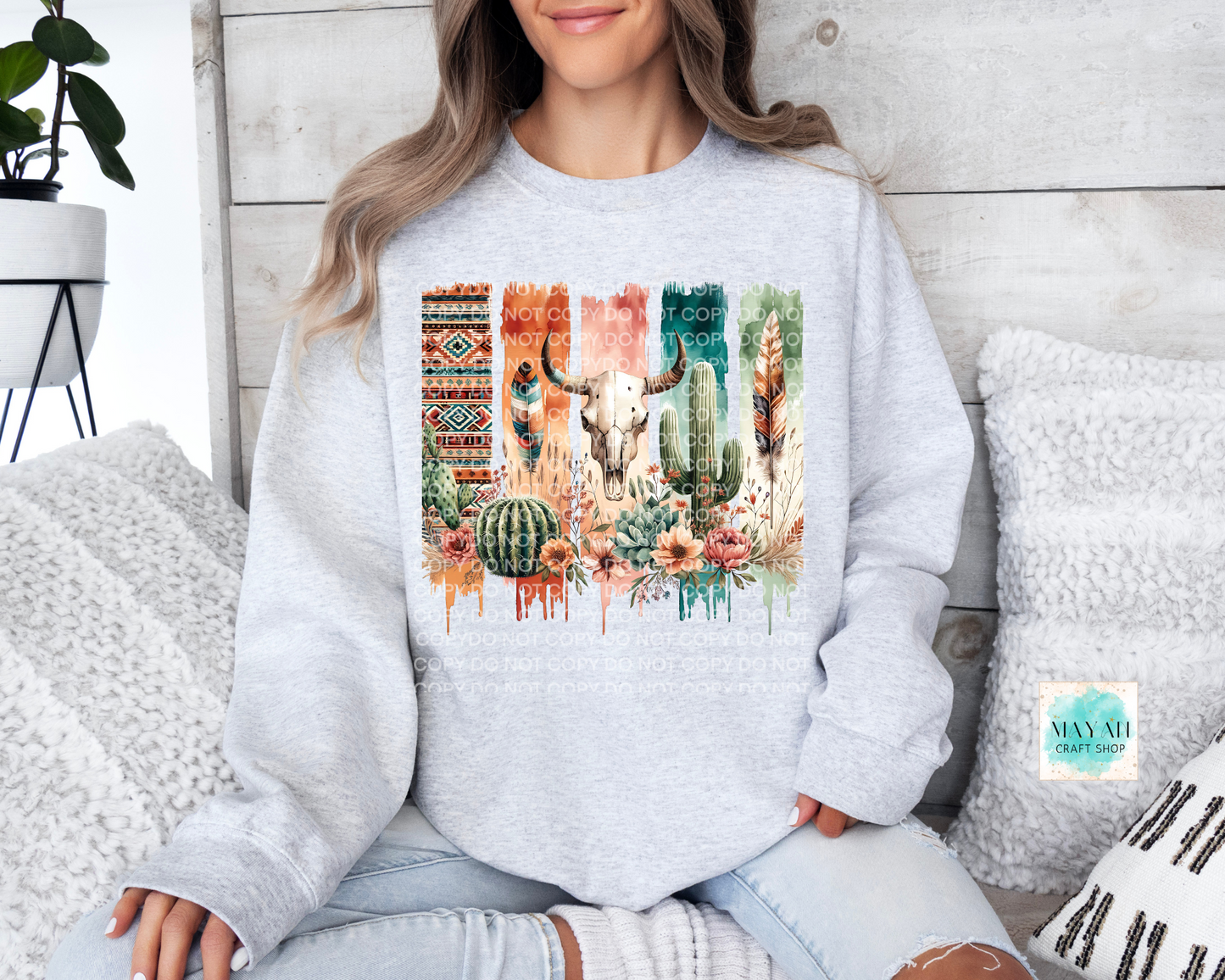 Western boho ash grey sweatshirt. -Mayan Craft Shop