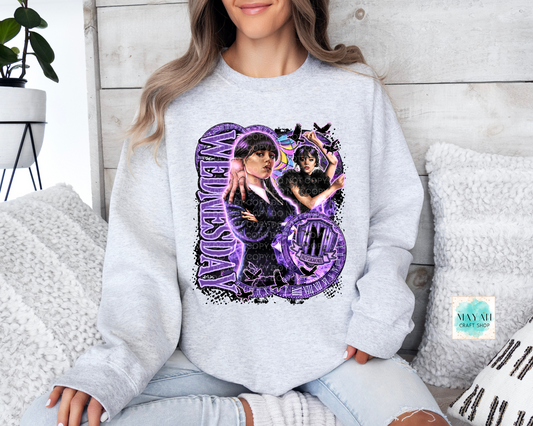 Purple design on ash grey sweatshirt.