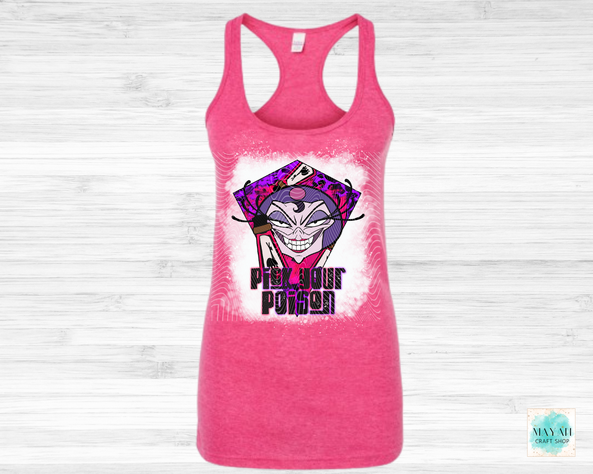 Pink tank top with a graphic design on a white background