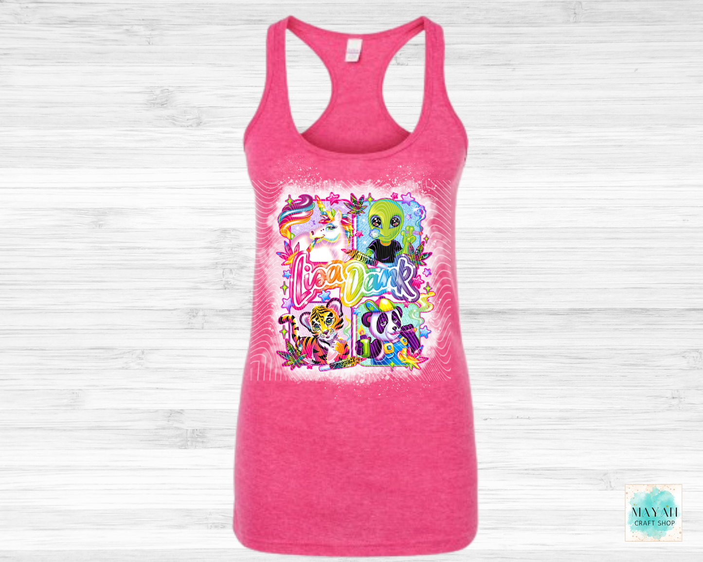 Pink tank top with colorful graphic design on a white background