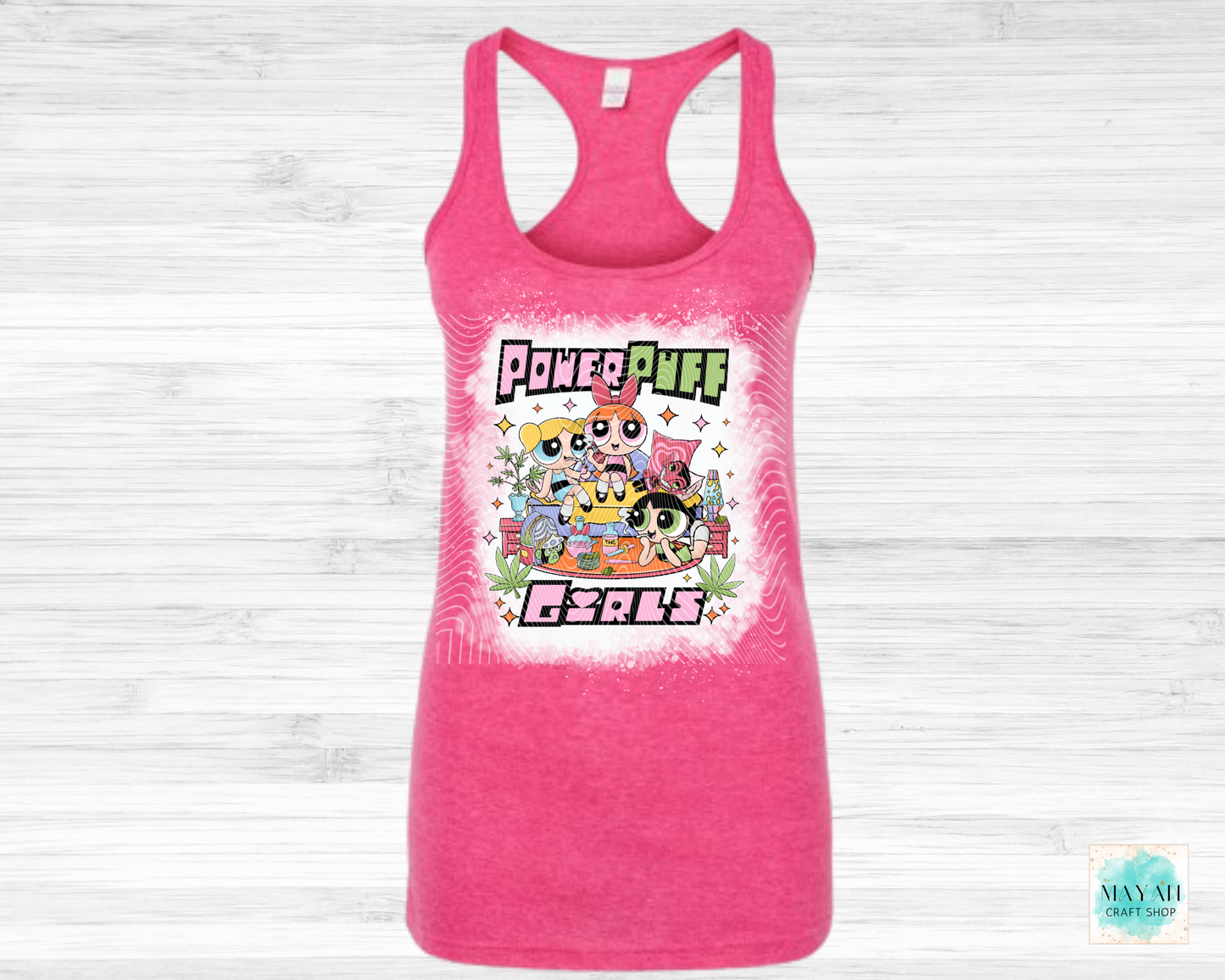 Pink tank top with vibrant graphic on a white background