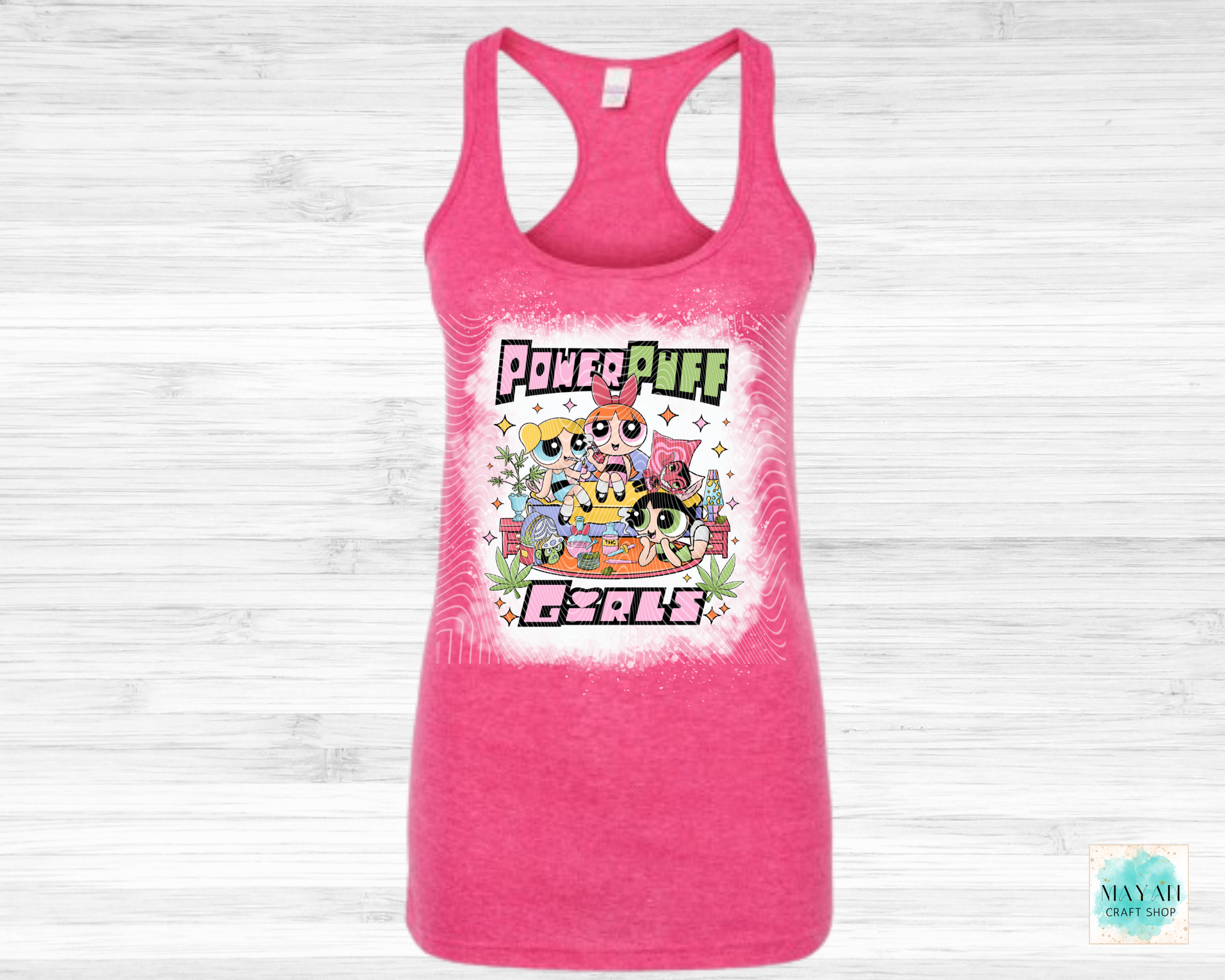 Pink tank top with vibrant graphic on a white background