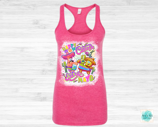 Pink tank top with colorful graphic design on a white background