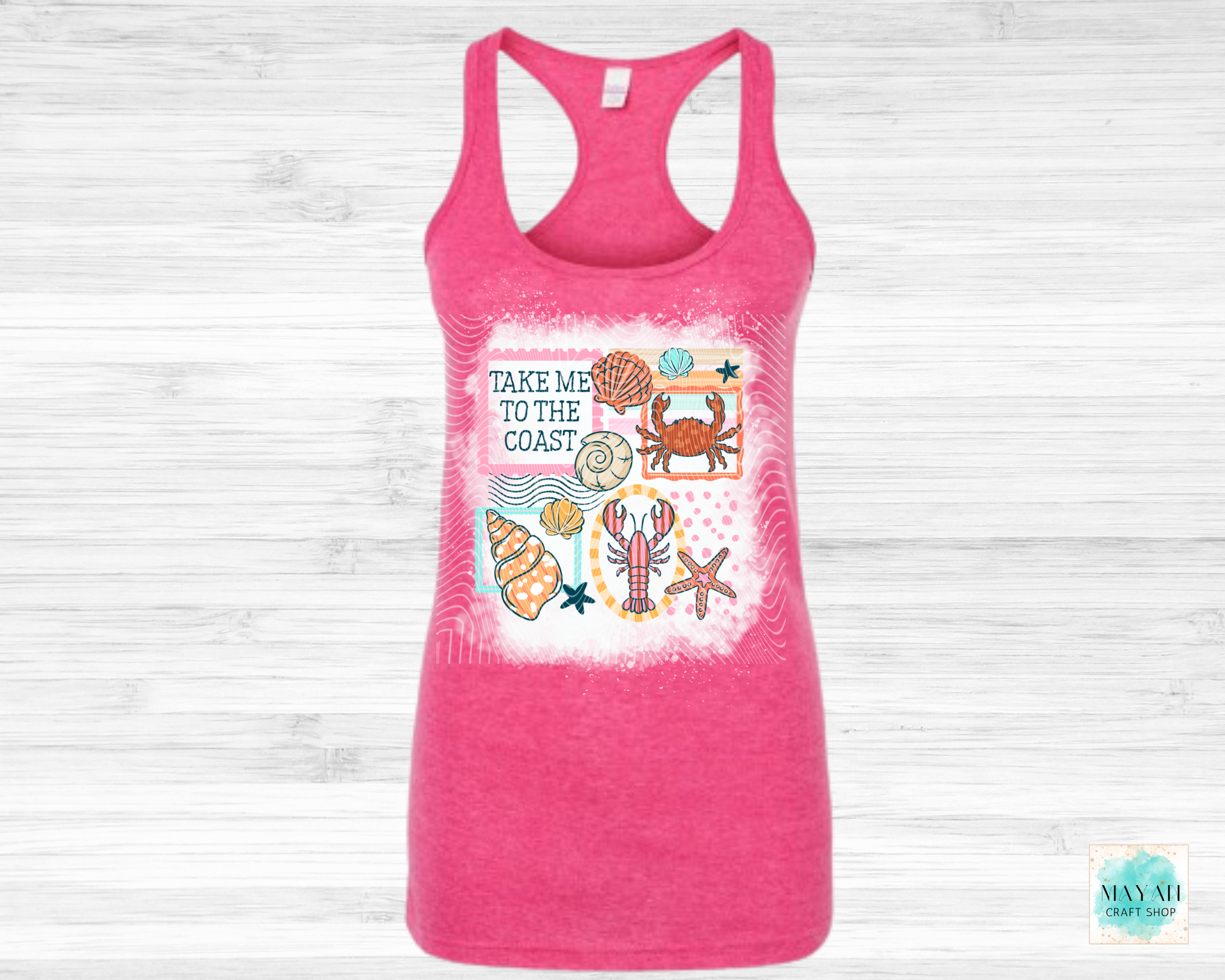 Pink tank top with coastal design and text on a white background