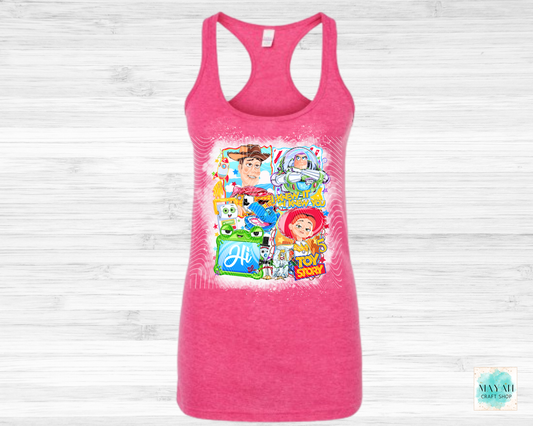 Pink tank top with character graphic on a white background