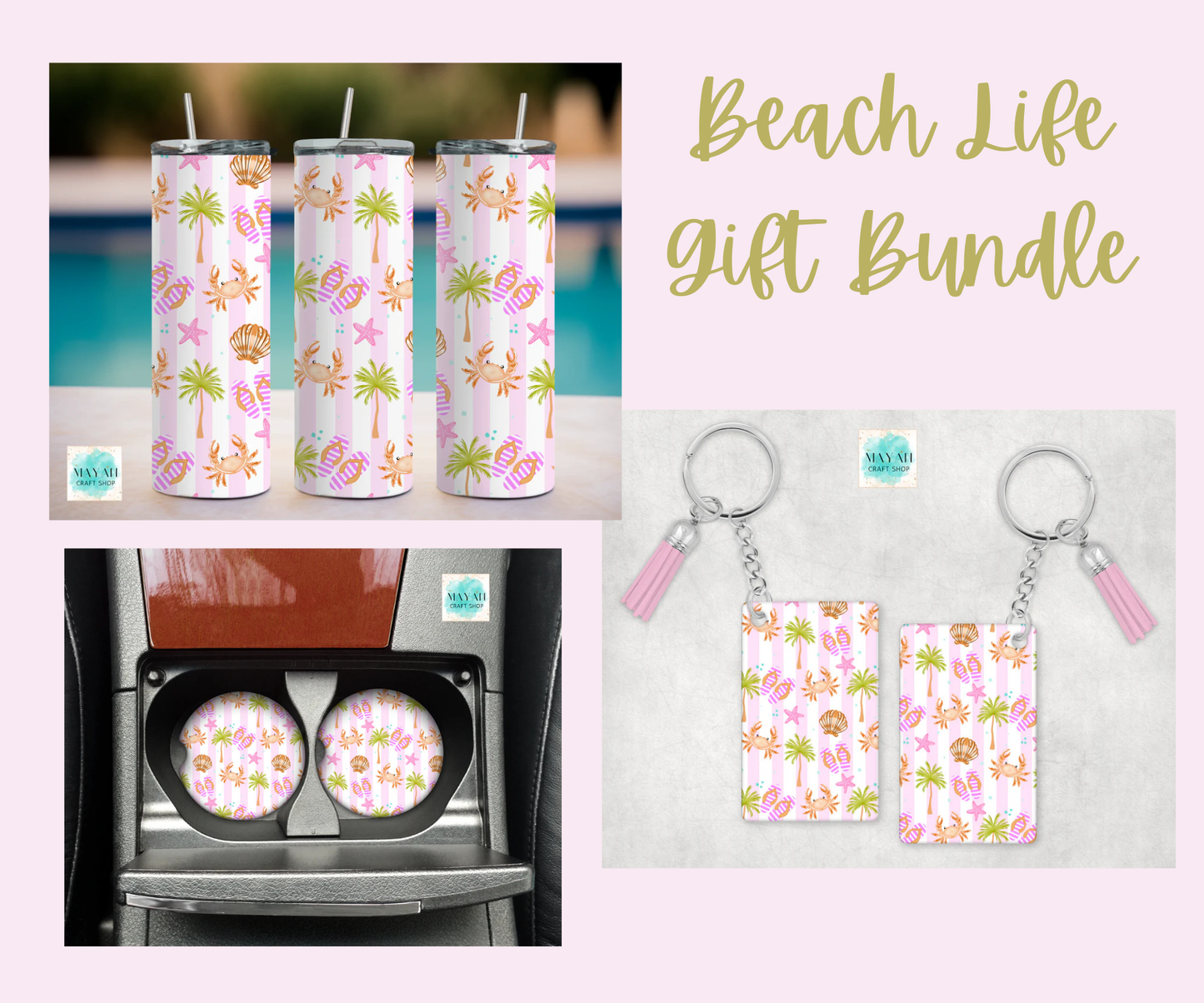 Beach-themed gift bundle with tumblers, keychains, and car coasters on a pink background.