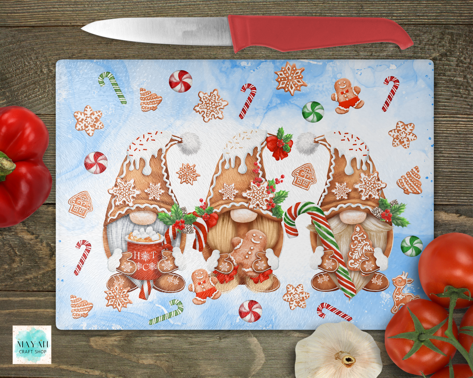 Gingerbread gnomes cutting board. -Mayan Craft Shop