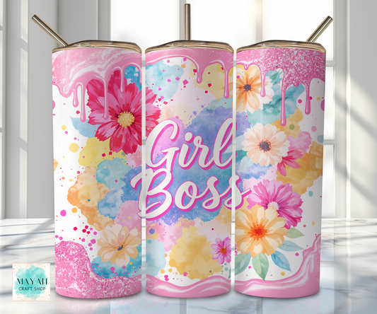 Three floral-themed tumblers with 'Girl Boss' text on a light background
