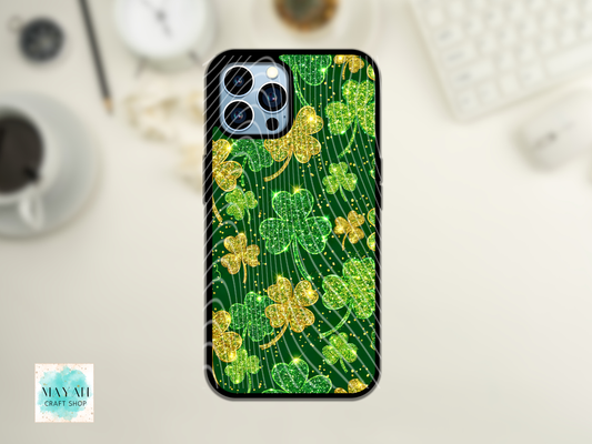 Phone case with shamrock design on a light background