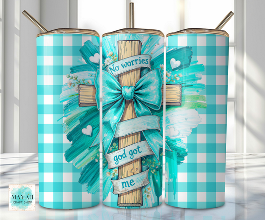 Turquoise and white plaid tumblers with decorative designs and text.