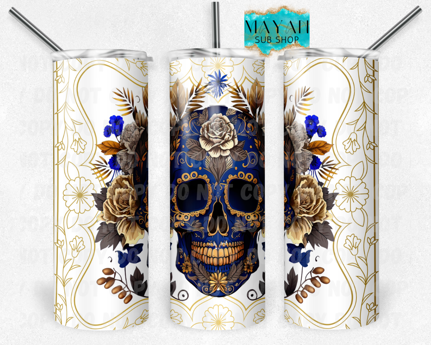 Gold flower sugar skull 20 oz. skinny tumbler. -Mayan Sub Shop