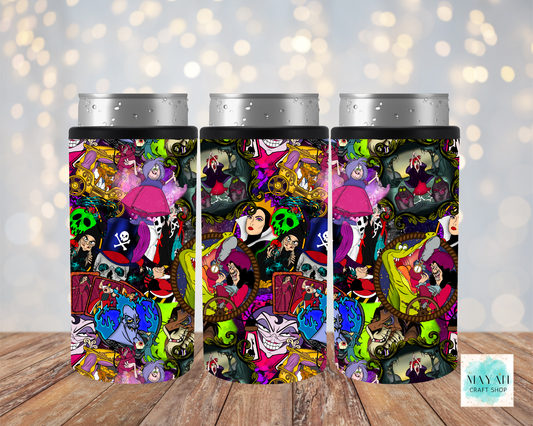 Three colorful tumblers with cartoon character designs on a wooden surface.