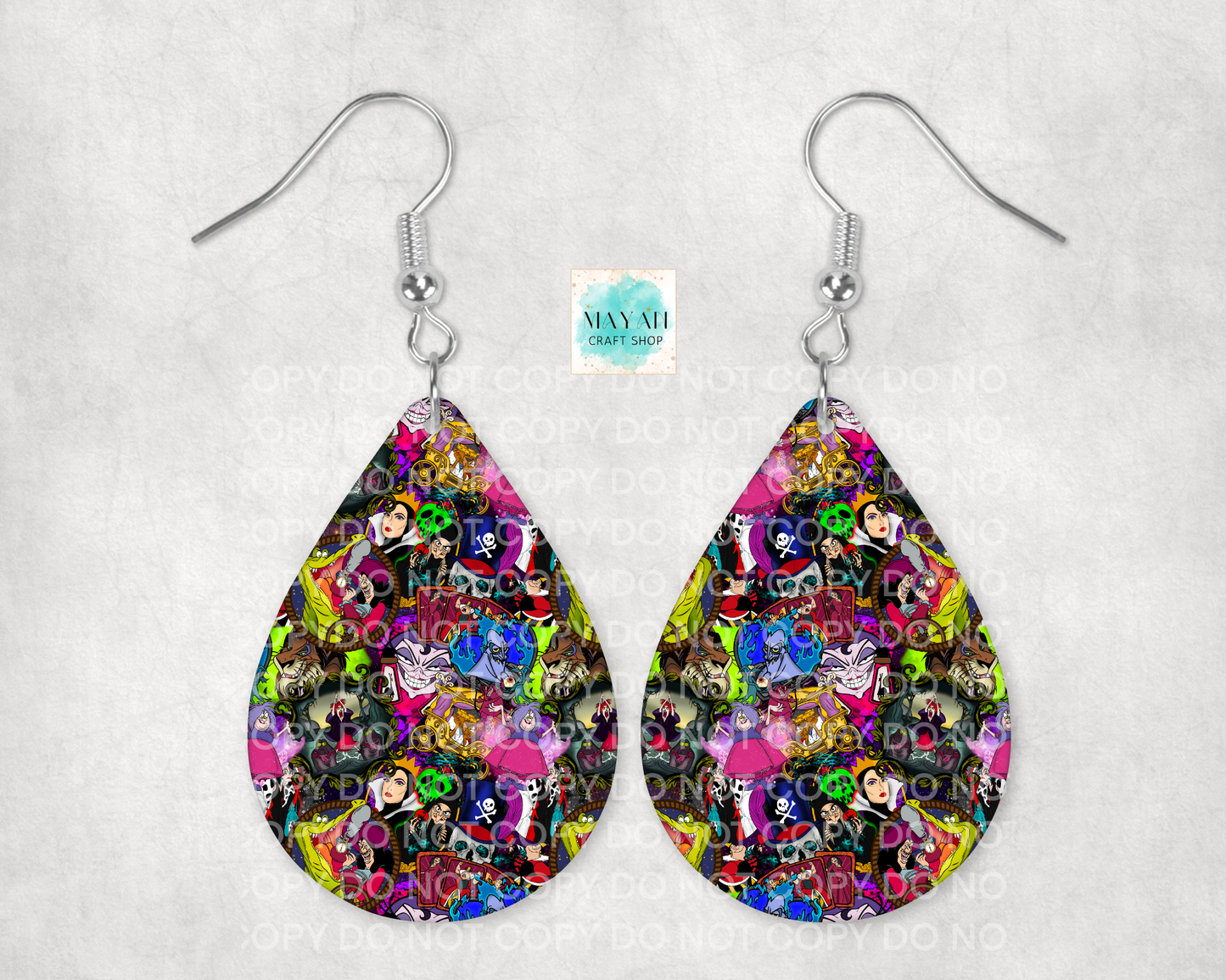 Teardrop-shaped earrings with colorful pattern on a white background