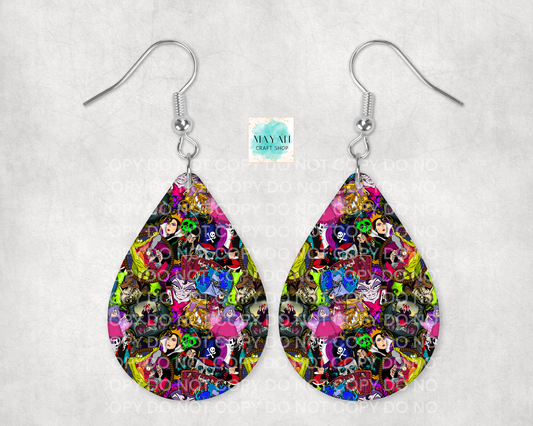 Teardrop-shaped earrings with colorful pattern on a white background