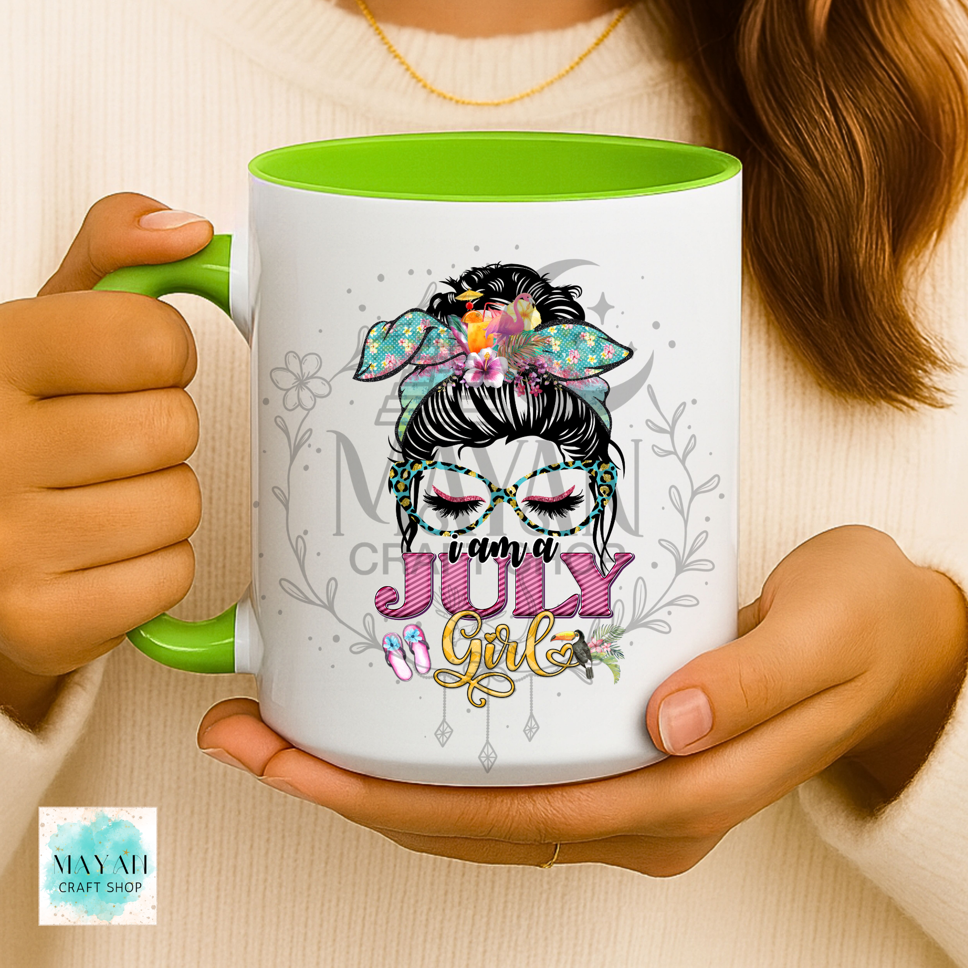 July girl light green mug.
