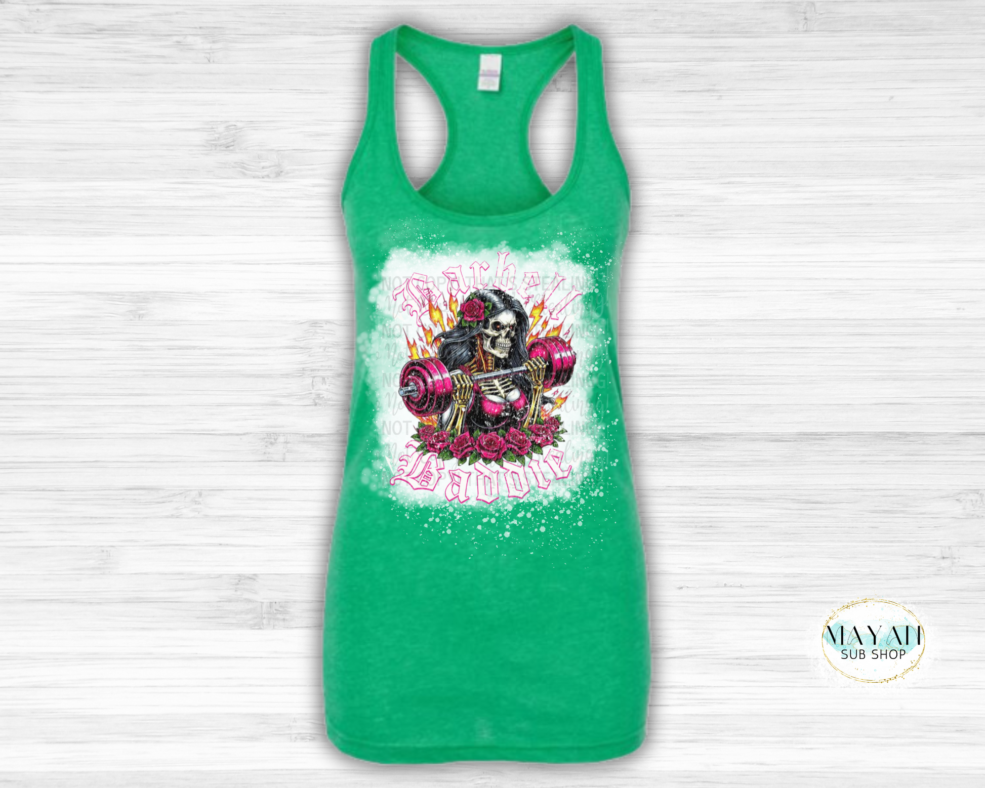 Barbell baddie heather irish green bleached tank top. -Mayan Craft Shop
