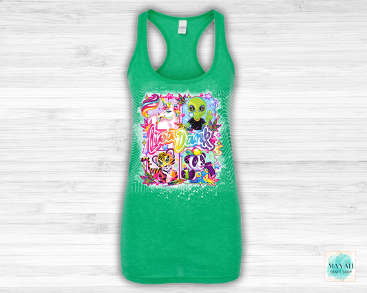 Green tank top with colorful graphic design on a white wooden background