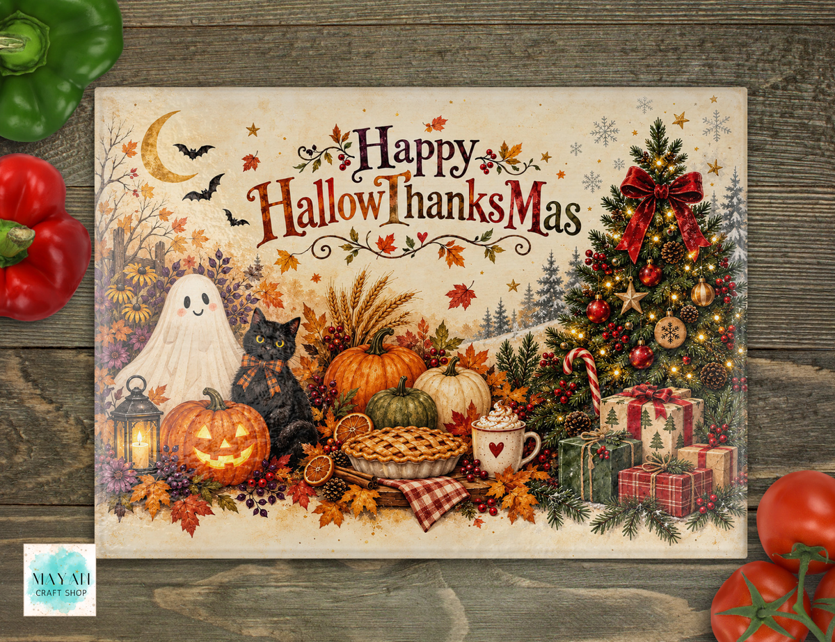 A cutting board reading “Happy Hallow Thanks Mas” with a Halloween Thanksgiving scene, including a ghost, black cat, pumpkins, pie, mug, tree, gifts, and autumn leaves, styled on a rustic wood surface with red and green peppers around it.