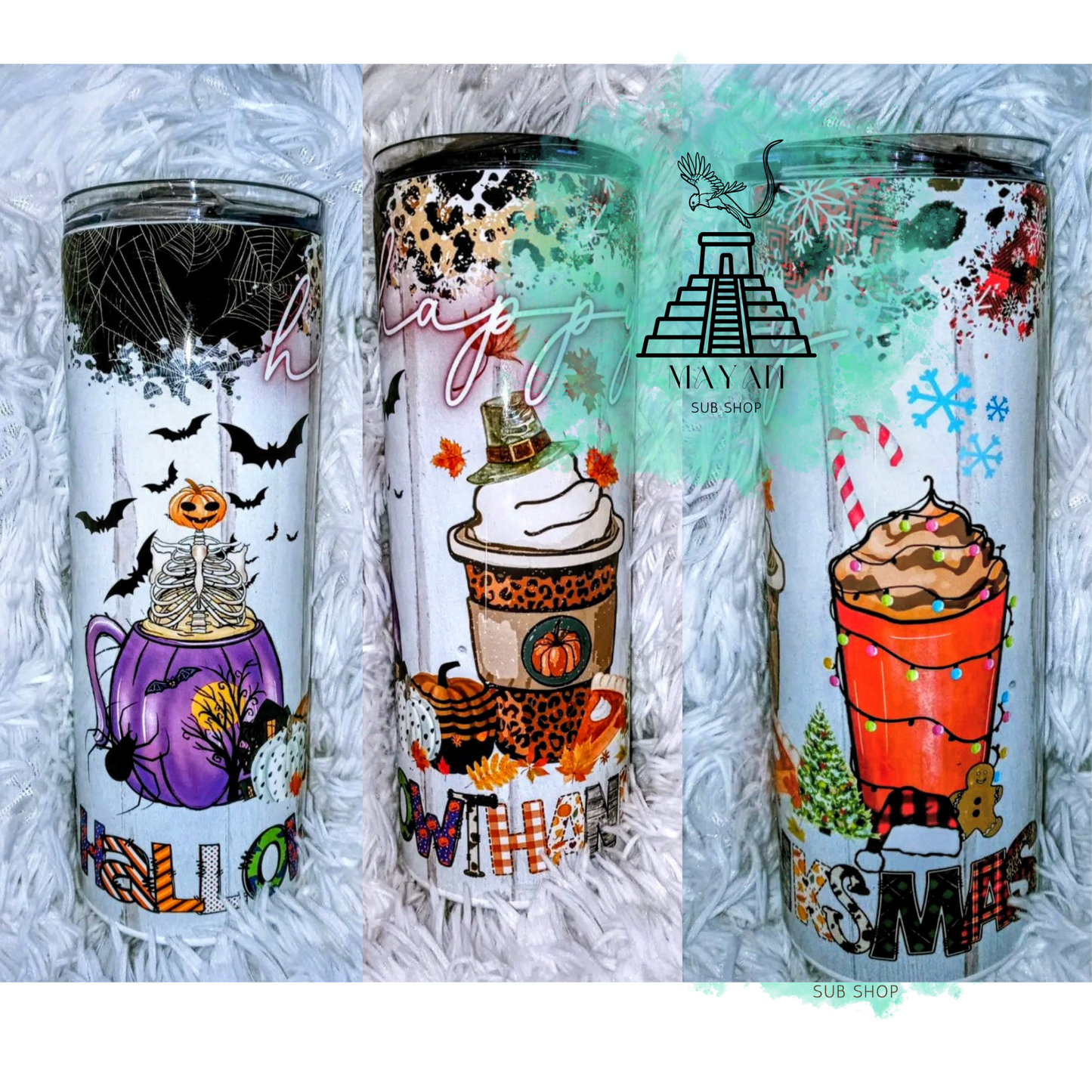 Happy Hallowthanksmas 20 oz. Skinny Tumbler - Mayan Sub Shop