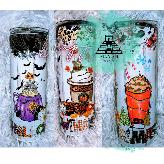 Happy Hallowthanksmas 20 oz. Skinny Tumbler - Mayan Sub Shop