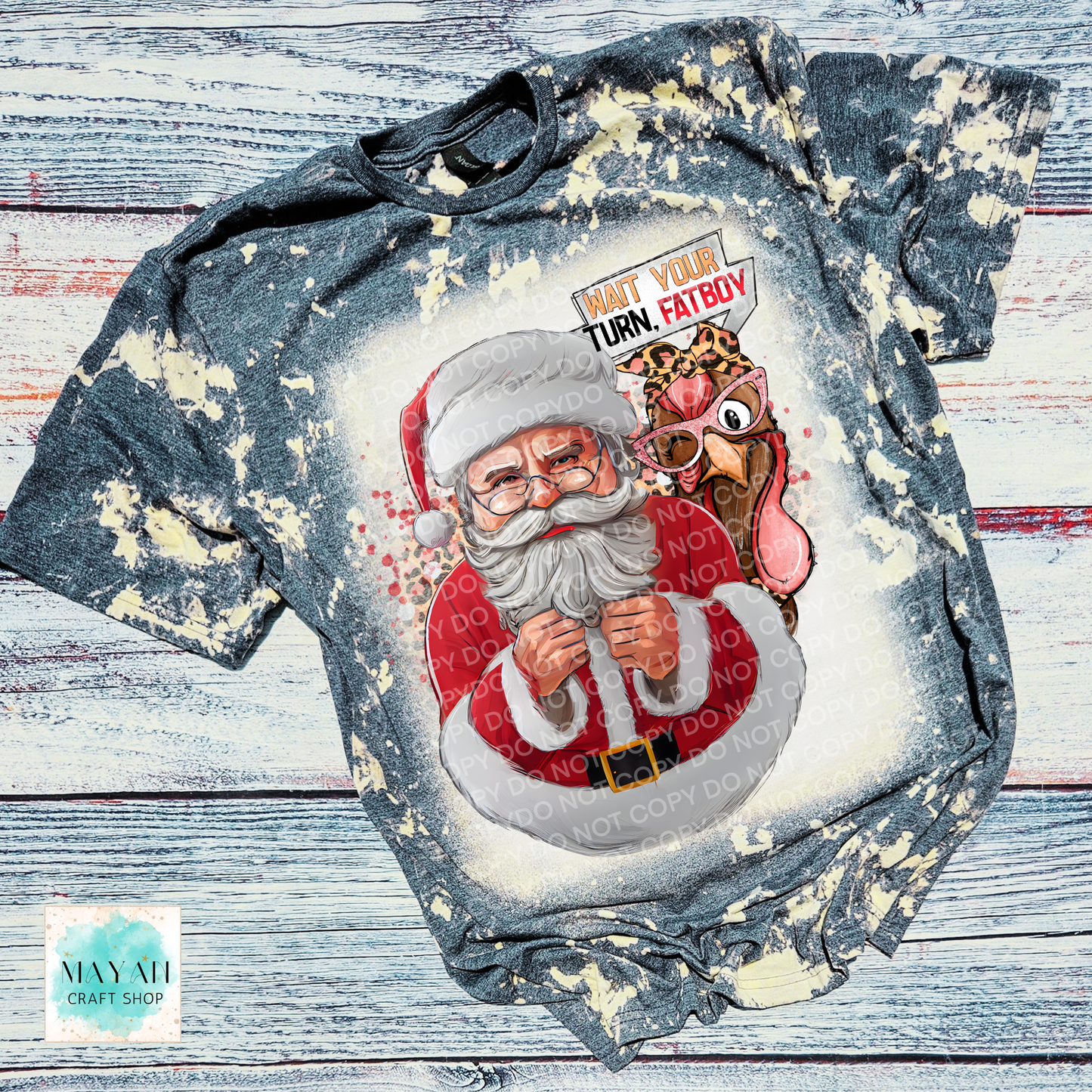 T-shirt with a graphic of Santa Claus and a turkey on a distressed background
