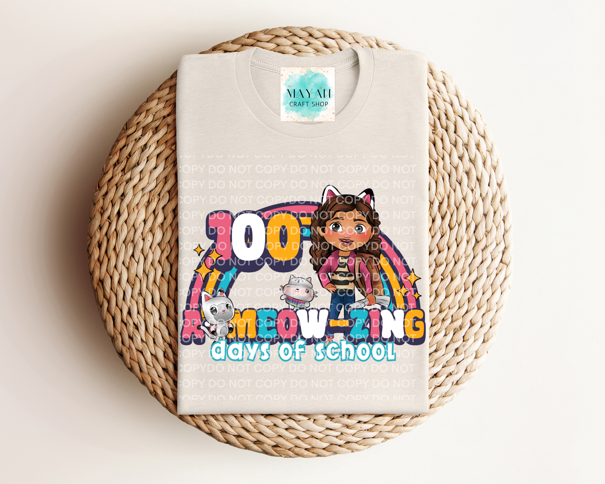 100 days meow kids heather dust shirt. -Mayan Craft Shop