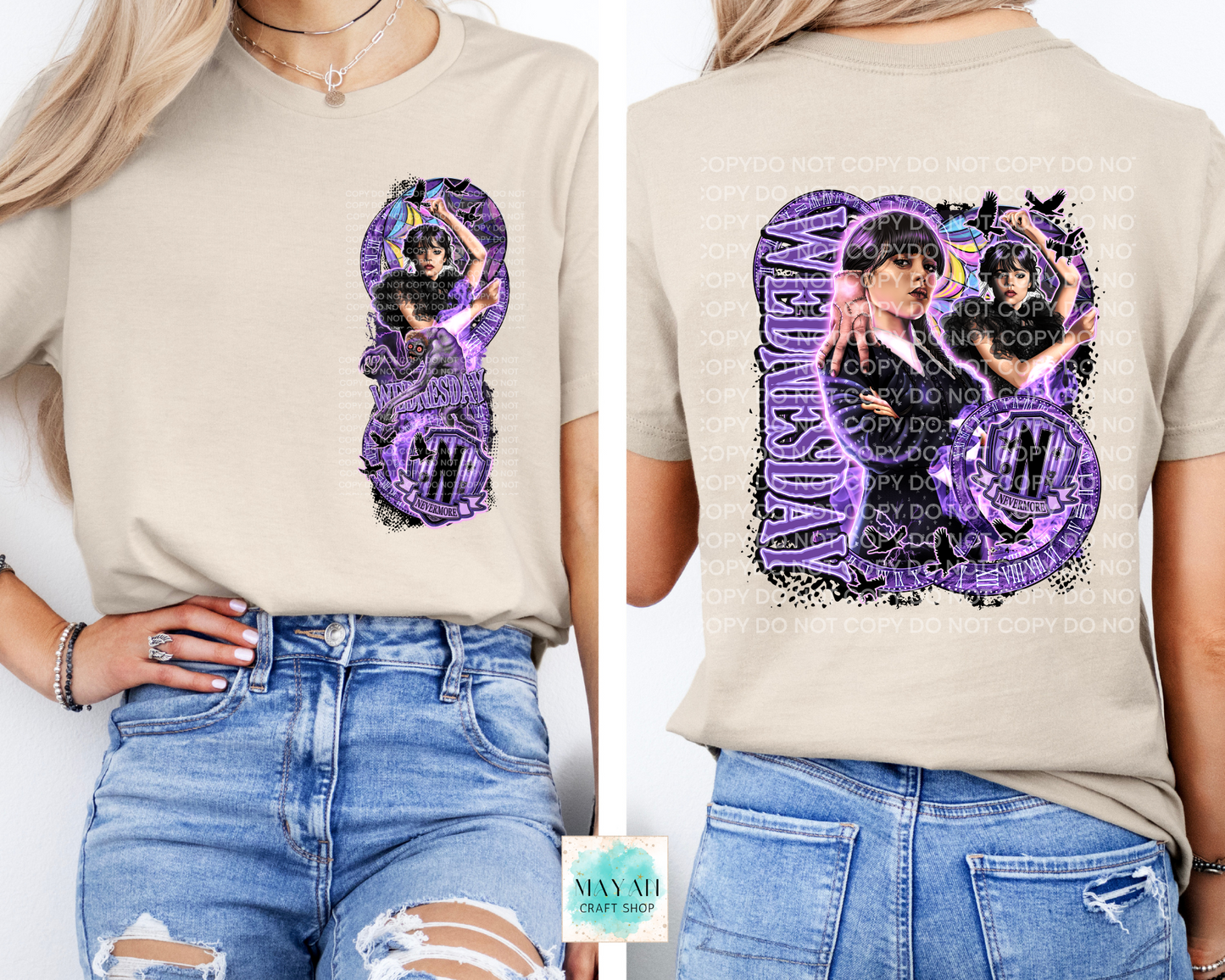 Two views of a t-shirt with a graphic design on a beige background