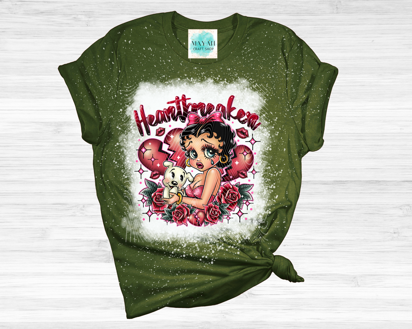 Heartbreaker heather forest green bleached shirt. -Mayan Craft Shop