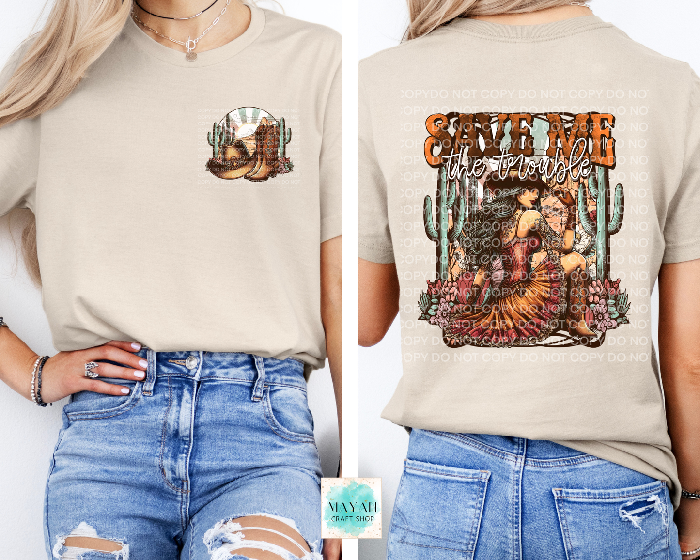 Sand t-shirt with front and back graphics worn by a person, displayed against a white background.