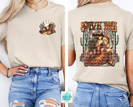 Sand t-shirt with front and back graphics worn by a person, displayed against a white background.