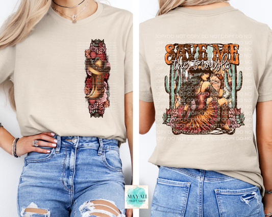 Sand t-shirt with colorful graphic design on front and back worn by a person.