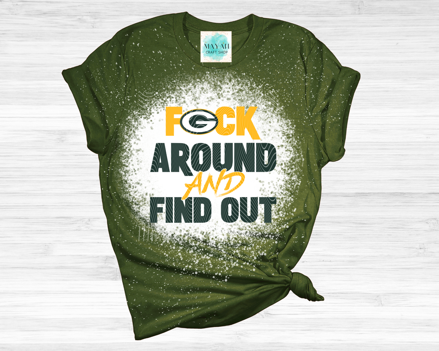 Green t-shirt with graphic text and logo on a white background
