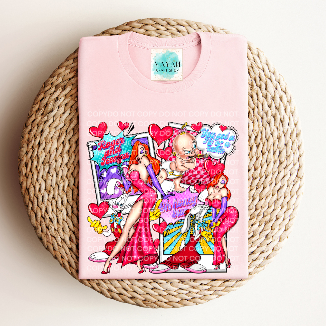 Toon love heather pink shirt. -Mayan Craft Shop