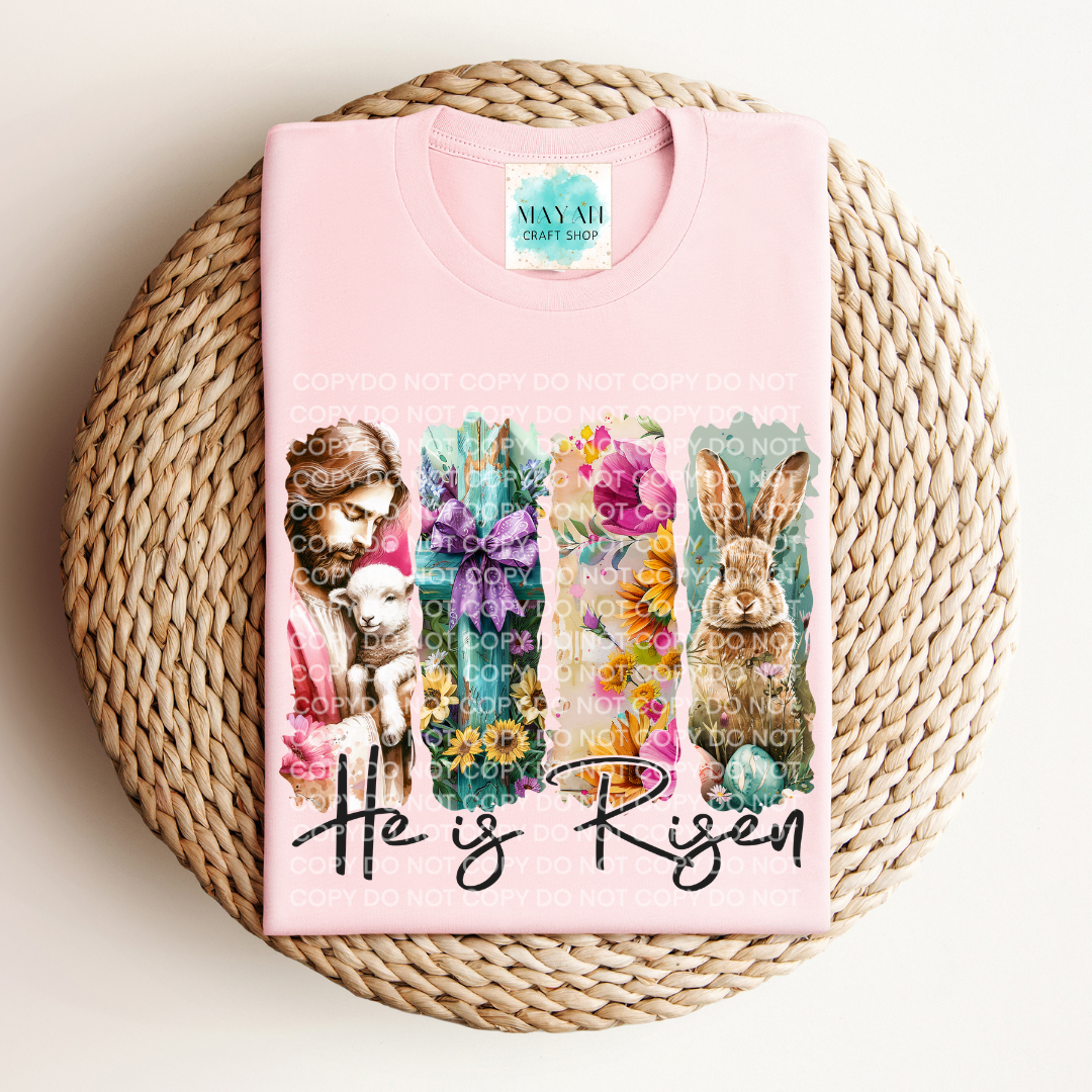 He is risen heather pink shirt. -Mayan Craft Shop