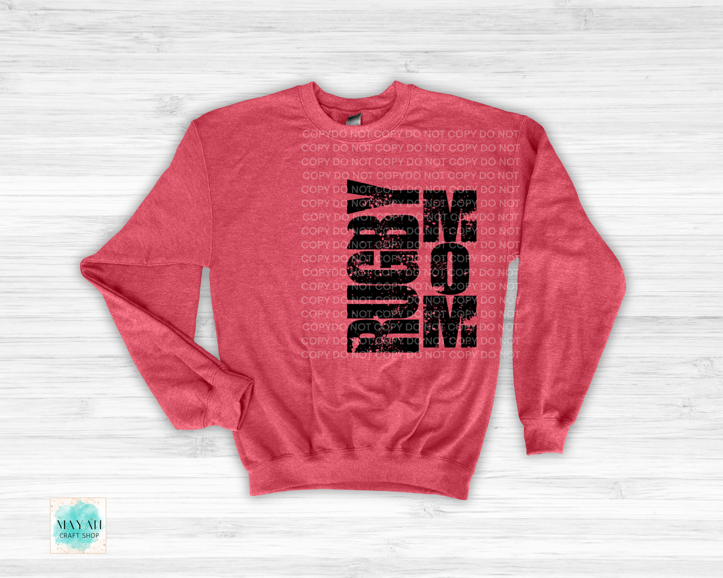 Rugby mom heather red sweatshirt. -Mayan Craft Shop