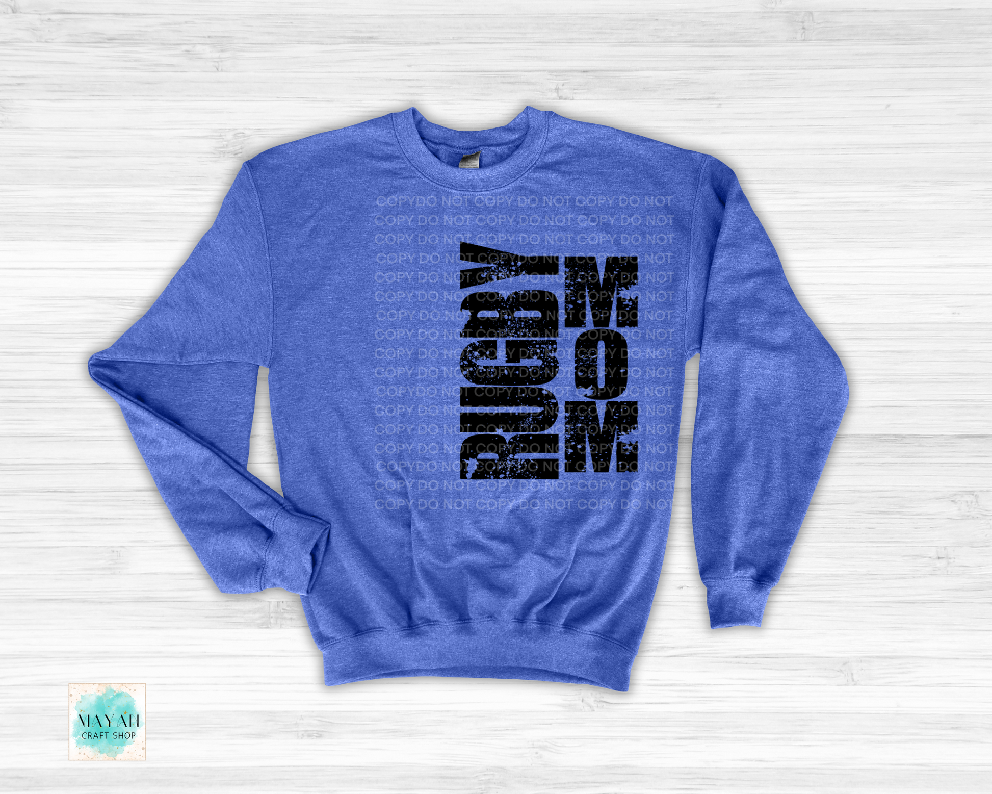 Rugby mom heather royal blue sweatshirt. -Mayan Craft Shop