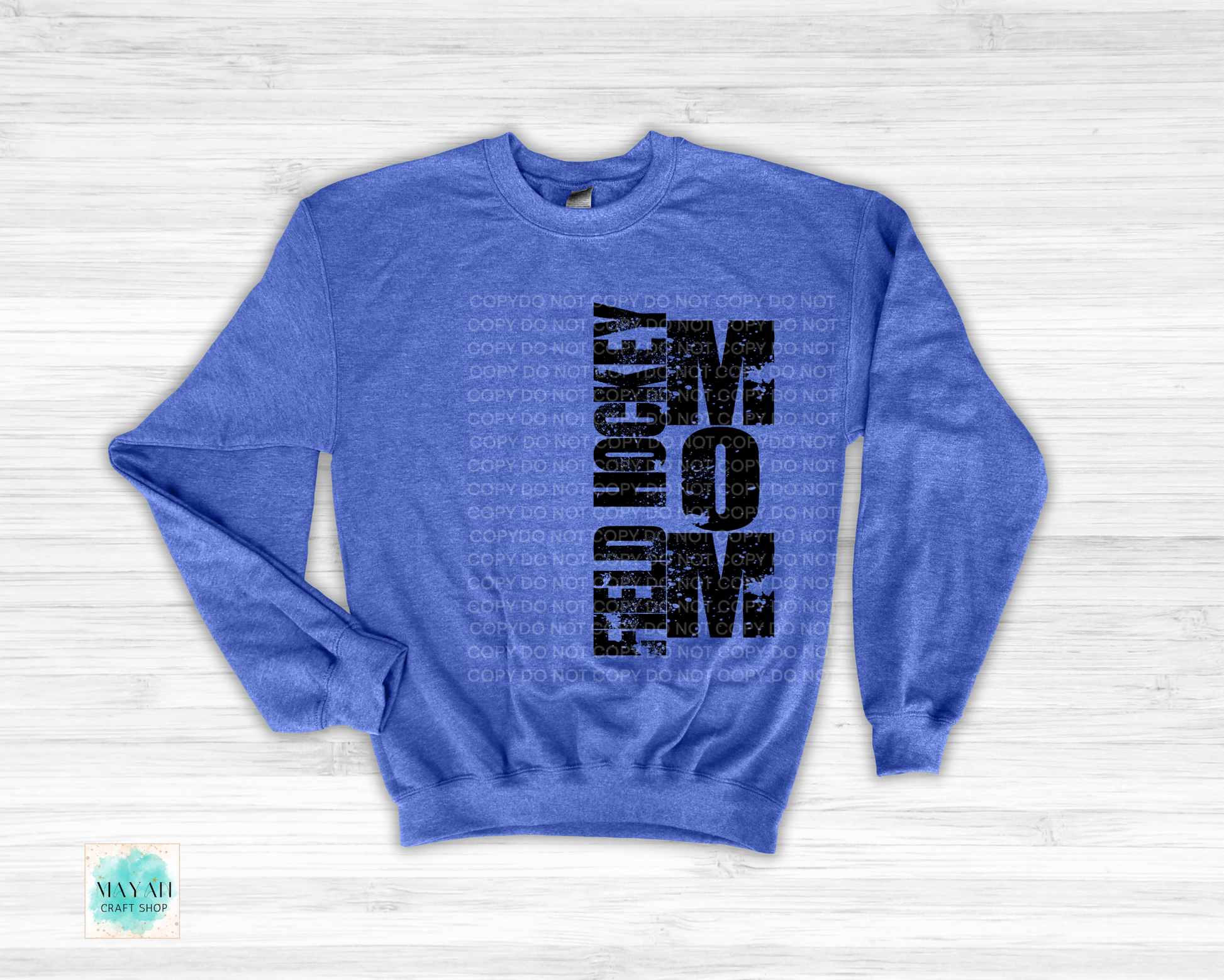 Field hockey mom heather royal blue sweatshirt. -Mayan Craft Shop