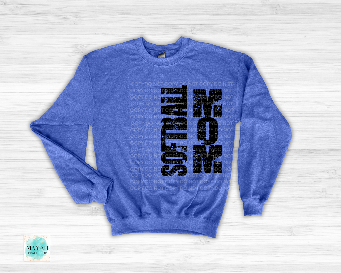 Softball mom heather royal blue sweatshirt. -Mayan Craft Shop