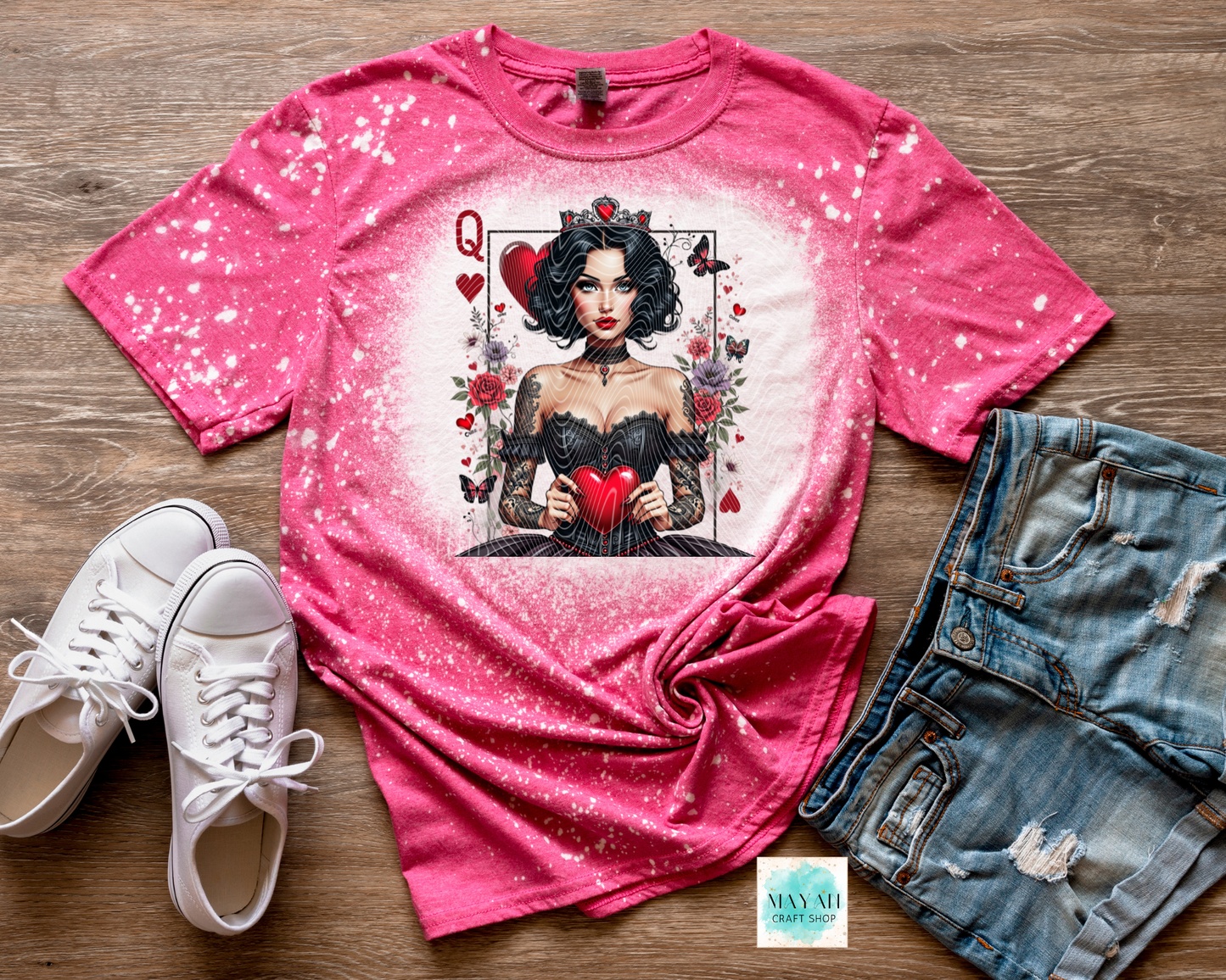 Queen of hearts heather heliconia bleached tee. -Mayan Craft Shop