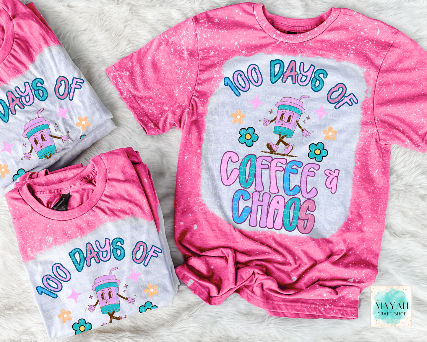 Two pink t-shirts with '100 Days of Coffee & Chaos' text on a light gray background.