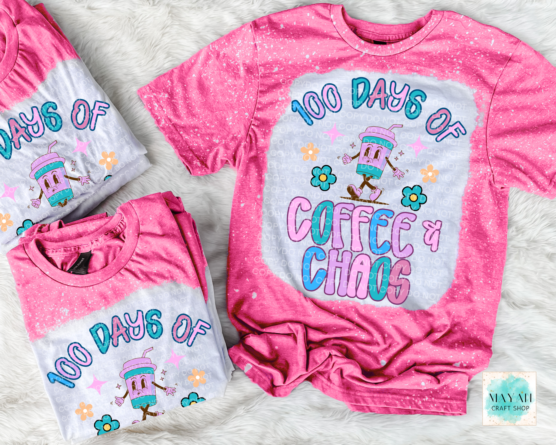 Two pink t-shirts with '100 Days of Coffee & Chaos' text on a light gray background.